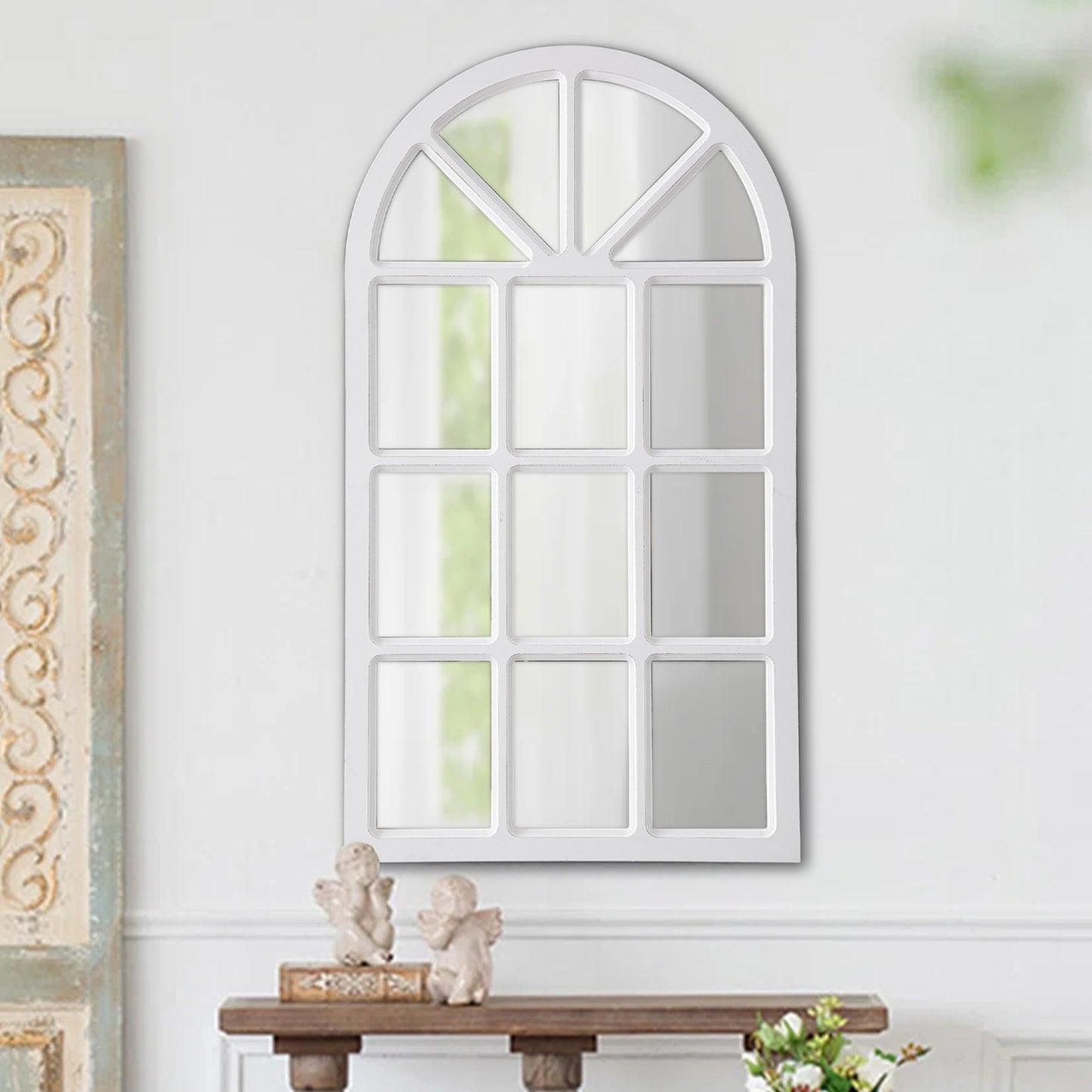 Sintosin Rustic Arched Window Pane Mirror 20 X 36 Inch, Hanging Distressed White Window Mirrors for Wall Decor, Farmhouse Cathedral Wooden Wall Mirror for Living Room Bedroom Fireplace Hallway