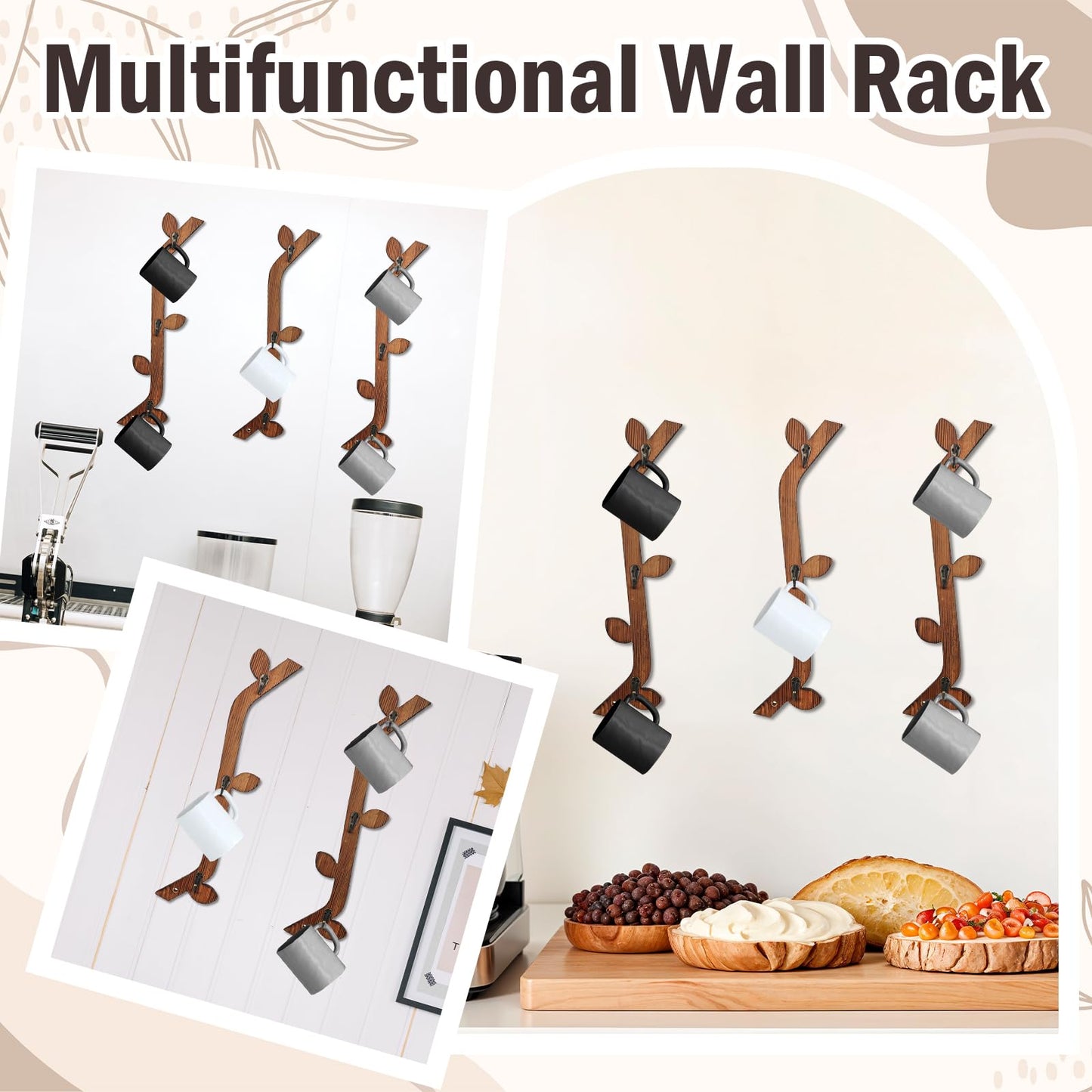 MSHUNKEJI 3 Pack Wood Coffee Mug Wall Rack with 9 Hooks Wall Mount Coffee Cup Holder Wooden Espresso Cup Holder Tree Brown Mug Stand Display Wall Mounted Cup Drying Rack for Kitchen Cafe