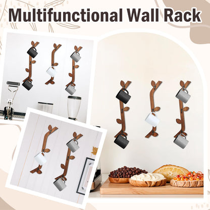 MSHUNKEJI 3 Pack Wood Coffee Mug Wall Rack with 9 Hooks Wall Mount Coffee Cup Holder Wooden Espresso Cup Holder Tree Brown Mug Stand Display Wall Mounted Cup Drying Rack for Kitchen Cafe