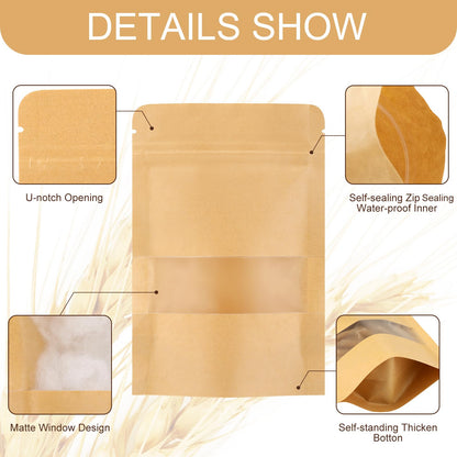 Leelosp 300 Pcs Kraft Bags with Window 4 x 6 Inch Kraft Stand up Reusable Pouches Food Storage Paper Bags Heat Sealable Zipper Sealing Pouches Bulk for Bakery Snack Home or Packaging Business(Brown)