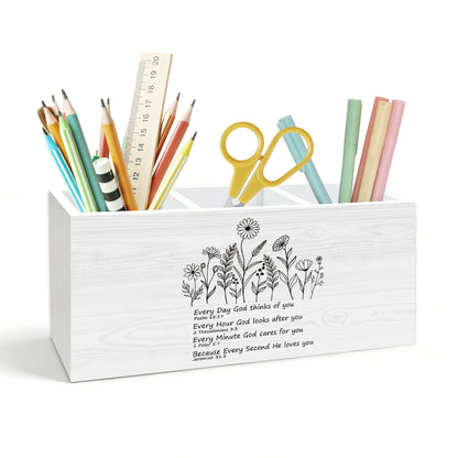 KJULYW Christian Wildflower Pen Holder for Desk, Christian Gifts for Women Faith, Inspirational Bible Verse Wooden Box Pencil Pen Holder Organizer for Home Office Desk Accessories