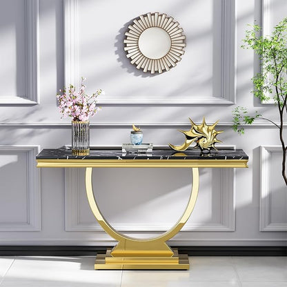 3 Piece Living Room Table Set Include 1 Faux Marble Coffee Table & 1 End Table & 1 Console Table, Modern Black Gold Coffee Table Set of 3 with Double O Shape Stainless Steel Pedestal Base