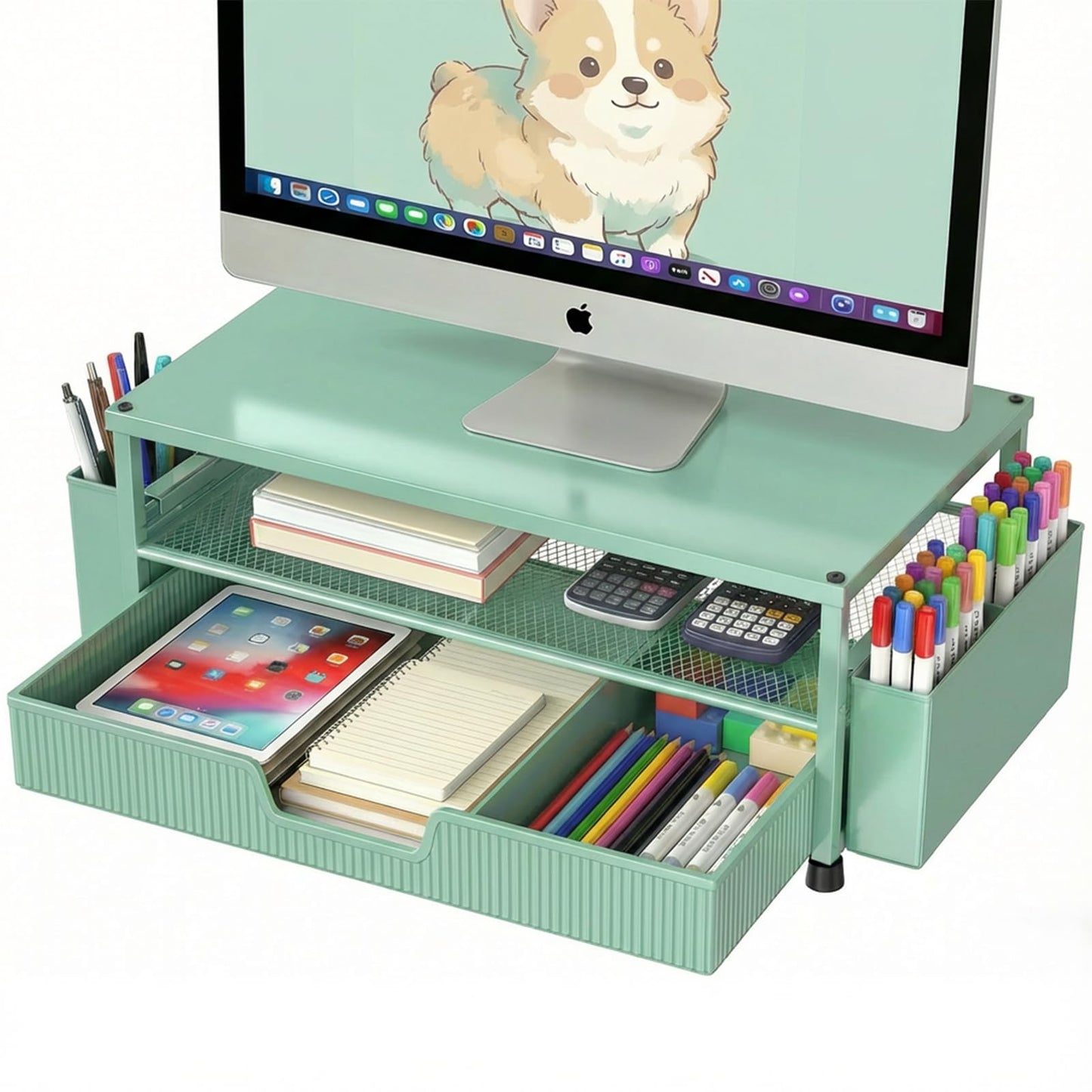 ECOLOVI Desk Organizer and Accessories, 2-Tier Computer Monitor Stand Rise with Storage Drawer & 2 Pen Holders, Laptop & Printer Stand for Desktop, Workspace Organizers for Office Supplies (Green)