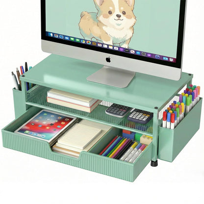 ECOLOVI Desk Organizer and Accessories, 2-Tier Computer Monitor Stand Rise with Storage Drawer & 2 Pen Holders, Laptop & Printer Stand for Desktop, Workspace Organizers for Office Supplies (Green)