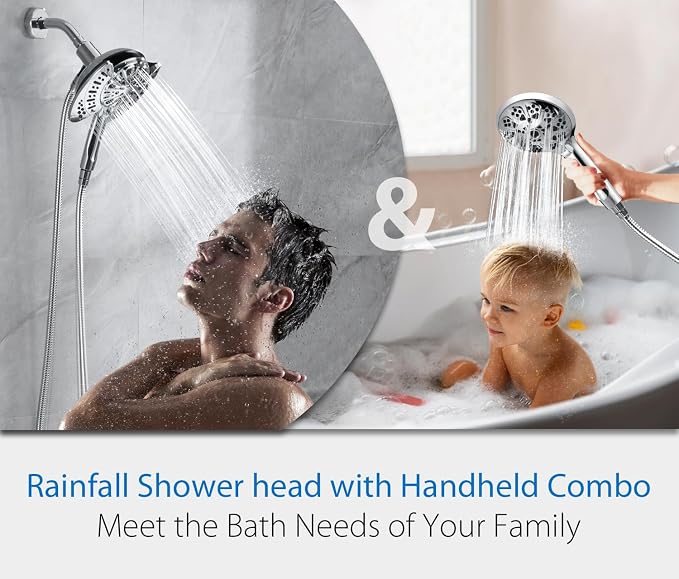 INAVAMZ Shower Head with Handheld High Pressure: Hand Held Shower Head & Rain Shower Head 2-IN-1 Shower Head with 59" Rotatable Stainless Steel Hose, Shower Trim Systems, Sliver 2.5 GPM 23233