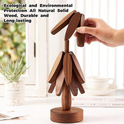 Wooden Tree Coasters, Trivets for Hot Dishes, Trivets for Hot Pots and Pans, Wooden Tree Trivet Set - 3 or 4 Wooden Trivet + 1 Stand, Christmas Coasters (Walnut,4pcs-A)