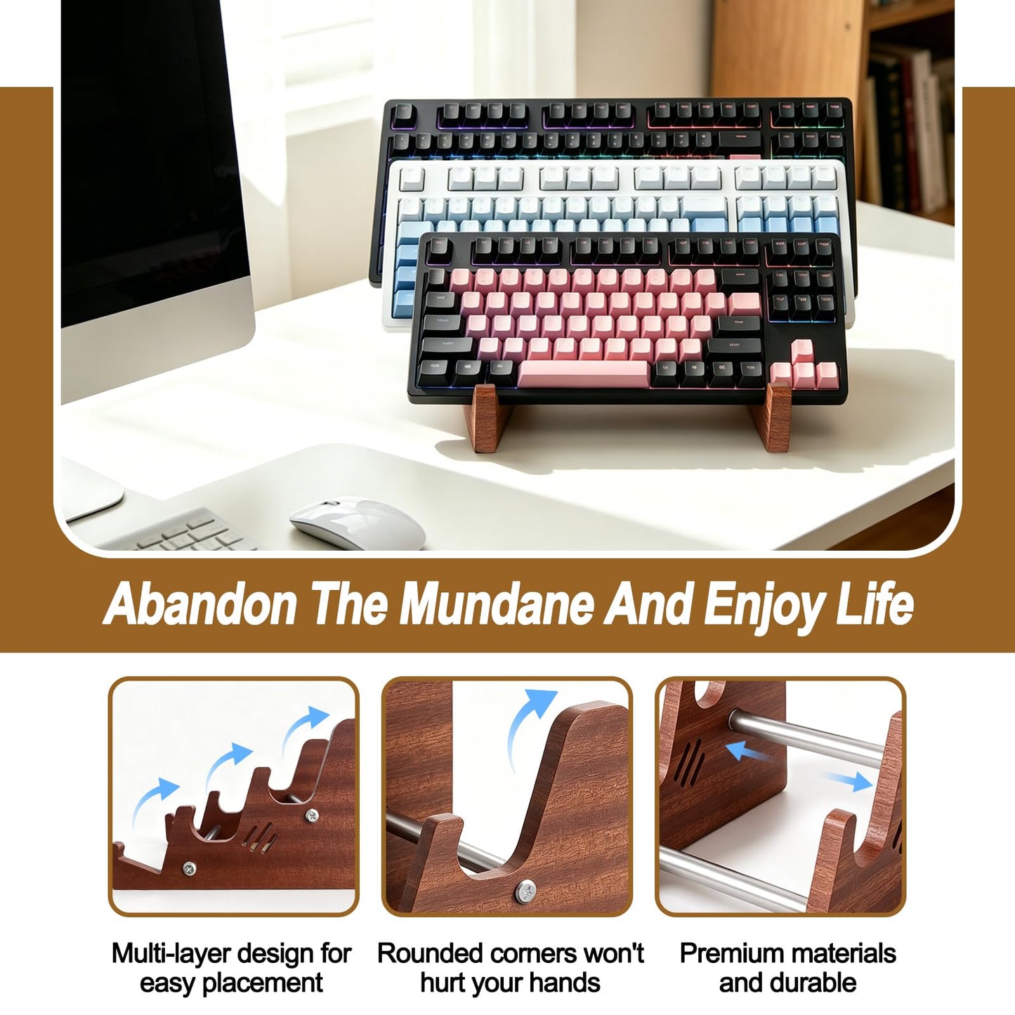 DHUJBFF 3-Tier Wood Keyboard Stand Detachable Display Rack for Mechanical Keyboards, Computer, Tablet, Desk Organizer with Sapele Wood, Easy Assembly, Strong Load Bearing for Office/Gaming