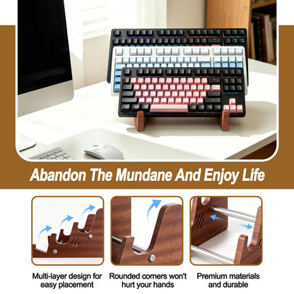 DHUJBFF 3-Tier Wood Keyboard Stand Detachable Display Rack for Mechanical Keyboards, Computer, Tablet, Desk Organizer with Sapele Wood, Easy Assembly, Strong Load Bearing for Office/Gaming