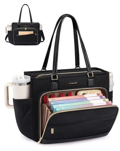 LOVEVOOK Lunch Tote Bag for Women 15.6 Inch, 3-in-1 Teacher Bag with Insulated Lunch Compartment, Padded Laptop Sleeve & File Organizer, Nurse Work Tote Bag with Cup Holder, Black