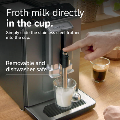Bosch Fully Automatic Coffee and Espresso Machine - One-Touch Drinks, Barista Style, Double Cup Super Coffee Maker - Large Bean Capacity - Easy Clean, Maintenance - Silver- TIU20307