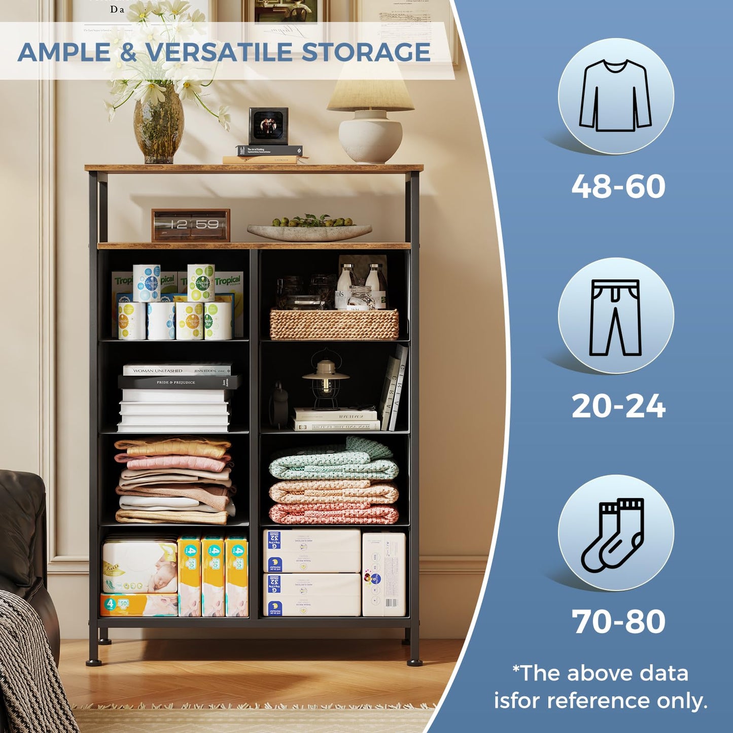 DUMOS Fabric Dresser for Bedroom with 8 Drawers, Tall 8-Drawer Chest of Drawers with Raised Shelf, Storage Tower with Fabric Bins for Closet Organization, Hallway Storage, Brown