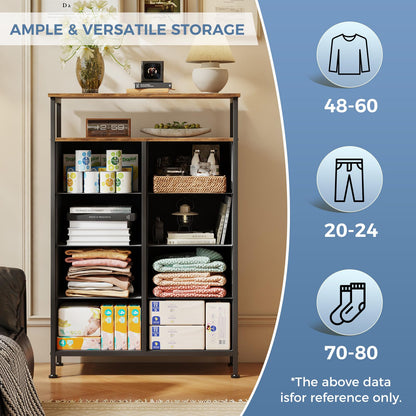 DUMOS Fabric Dresser for Bedroom with 8 Drawers, Tall 8-Drawer Chest of Drawers with Raised Shelf, Storage Tower with Fabric Bins for Closet Organization, Hallway Storage, Brown