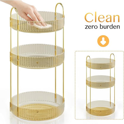 Rotating Makeup Organizer Countertop,Skincare Organizers,Spinning Perfume Tray Stand,Makeup Storage Organizer for Vanity,Bathroom Organizer and Storage,Lazy Susan,3 Tier,Gold