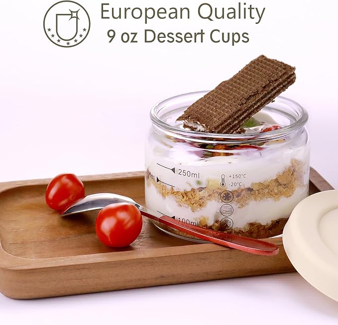 9 oz Round Pudding Glass Cups,Mini Glass Dessert Cups with Lid,Overnight Oats Meal Container with Silicone Seal Cover, Light Glasses Bowls, Dishwasher Microwave Safe (2 PCS)