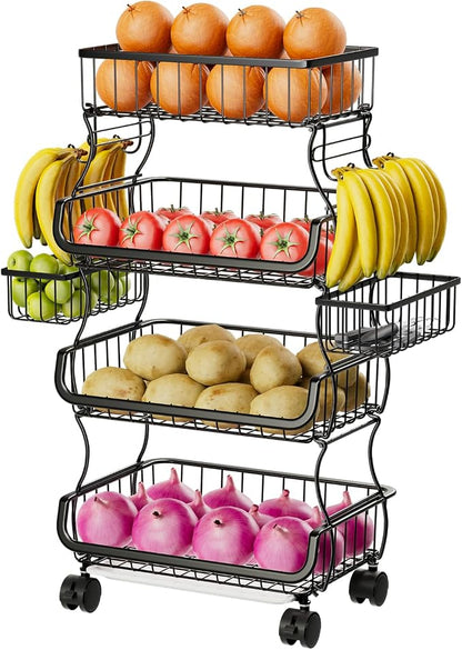 Simple Trending 4 Tier Rolling Cart, Stackable Fruit Vegetable Basket with Wheels and 2 Hanging Basket, Kitchen Storage Metal Wire Basket Stand for Vegetable Snacks, Black