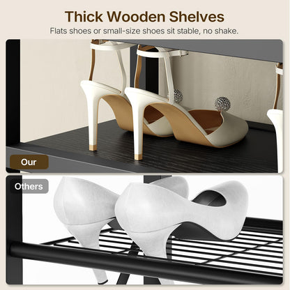 YATINEY 12-Tier Tall Shoe Rack and Entryway Bench with Shoe Storage, 3-Tier Shoe Rack Bench with Wooden Shelves and 3 Non-Woven Drawers, PU Padded Shoe Storage Bench SS212BR-HX07BB