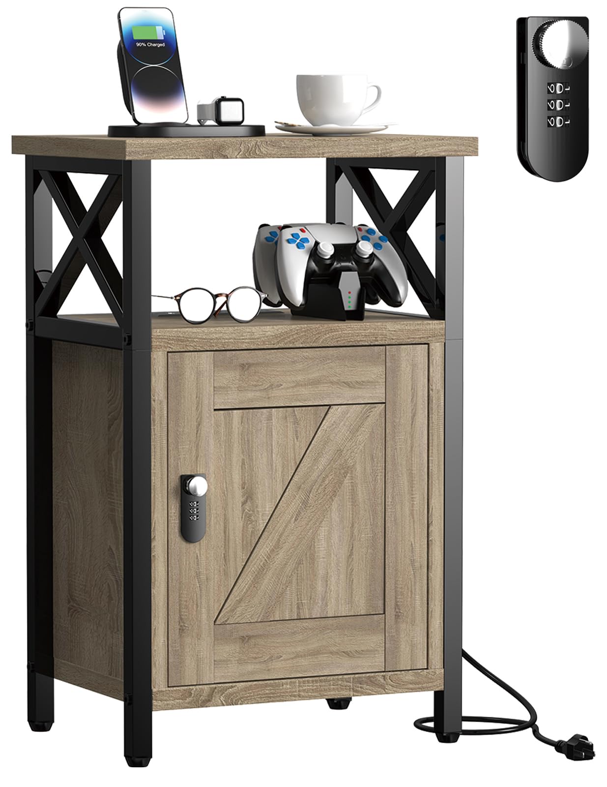 runjuly Wooden Nightstand with Lock, Bed Side Table with Drawers, Bedside Table with Charging Station, 3 USB & 2 Outlets, Night Stand with Cabinet, End Tables for Bedroom, Greige