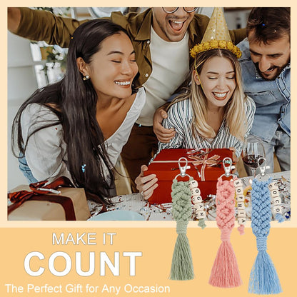 BEUNITONE DIY Macrame Cletter Keychains 6 Set Handmade Macrame Keychains for Beginners Boho Macrame Keychain Kit DIY Crafts Tassel Key Ring for Birthday Party with Instruction Keychain Making Kit