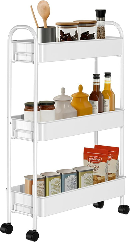 Slim Rolling Cart, Metal Frame Utility Rolling 3-Tier Narrow Storage Cart with Handle Kitchen Storage Organizer, Mobile Shelving Unit for Bathroom Kitchen