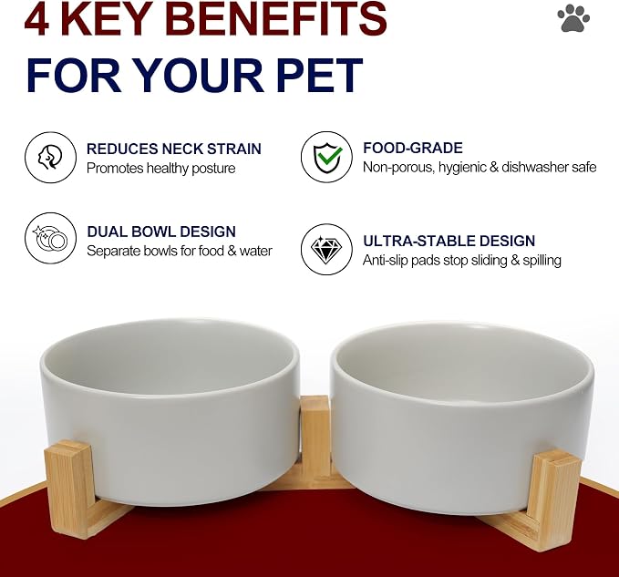 Dog Food Bowl, 13.5 oz Ceramic Food and Water Bowls for Dogs, Pet Dishes Set with Wood Stand, for Small Size Dog and Cat, No Spill Feeding Station with Weighted Base, Grey