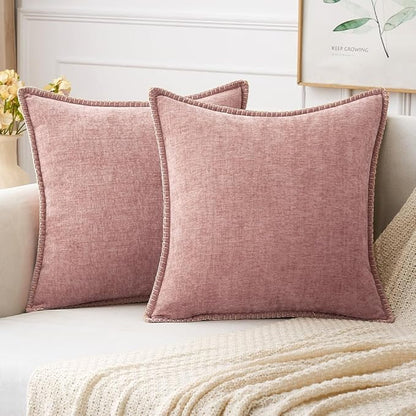 MIULEE Pack of 2 Couch Throw Pillow Covers 16x16 Inch Blush Pink Farmhouse Decorative Pillow Covers with Stitched Edge Soft Chenille Solid Dyed Pillow Covers for Sofa Bed Living Room