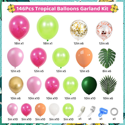 146Pcs Tropical Balloons Garland Arch Kit, Hawaiian Luau Tropical Aloha Flamingo Party Decorations Hot Pink Fruit Green Rose Gold Confetti Balloons Palm Leaves Birthday Baby Shower Wedding Supplies