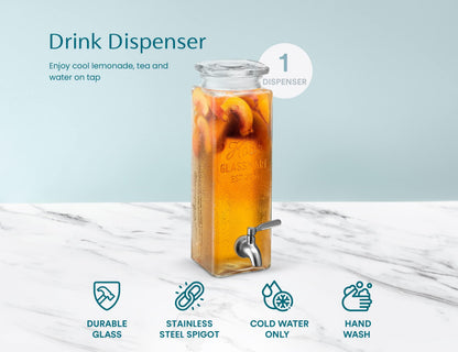 Kook Drink Dispenser, 80 oz, Water Dispenser Countertop, Glass Drink Dispenser, Beverage dispenser, with Leak-Proof Spigot, Clear Rectangular Jar, Storage for Party, Fridge, for Water, Iced Tea