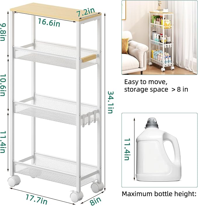 TIPGO Utility Slim Storage Cart, 4 Tier Rolling Cart with Wheels, Narrow Storage Cabinet for Bathroom, Laundry Shelves for Room Organization, Small Organizer for Kitchen, Office and Dorm (White)