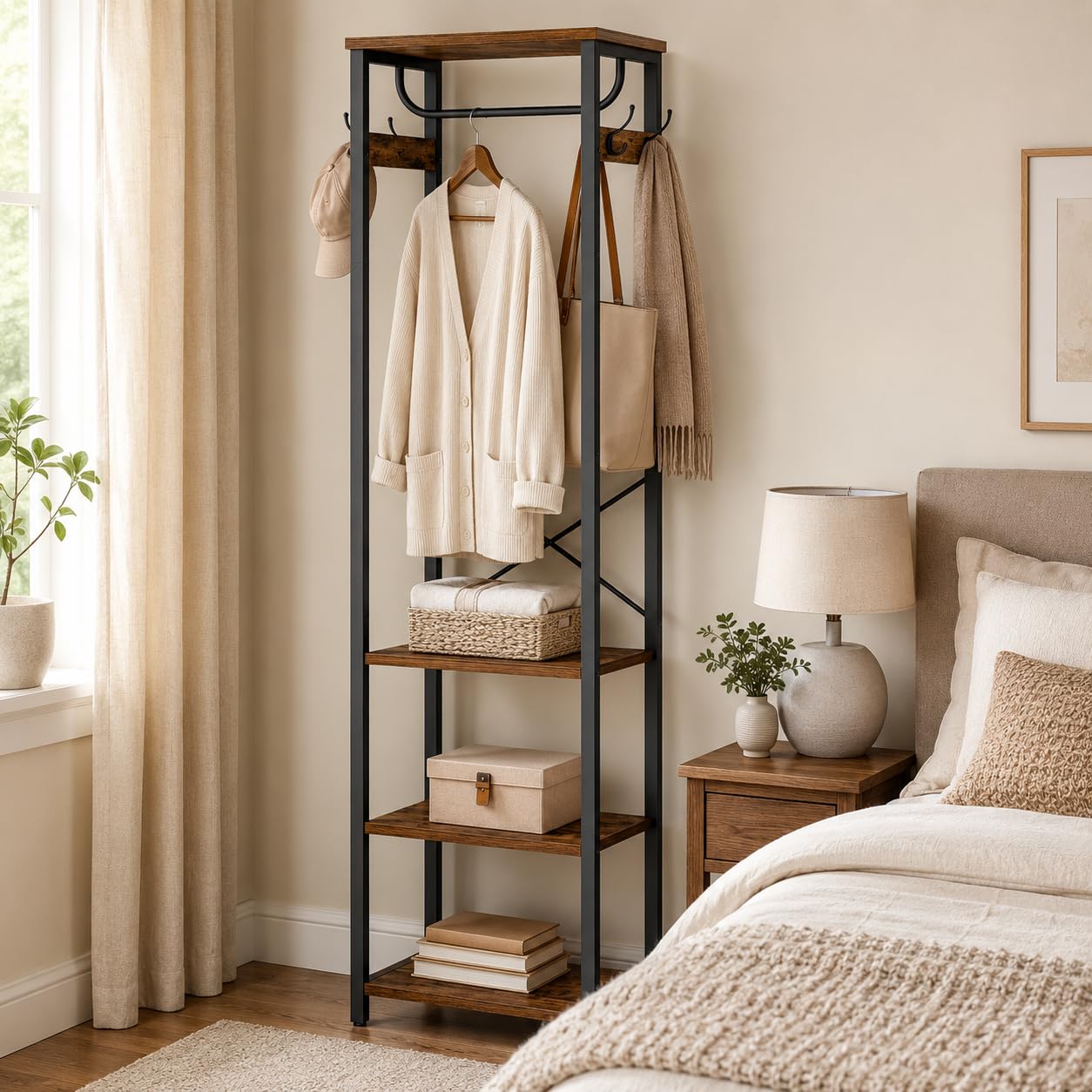 Cerlyunzan Coat Rack with Hanging Rod, Garment Rack with 3 Wooden Shelves and 4 Hooks, Freestanding Hall Tree, Industrial Clothes Rack Stand Organizer, Rustic Brown and Black