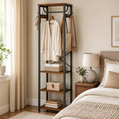 Cerlyunzan Coat Rack with Hanging Rod, Garment Rack with 3 Wooden Shelves and 4 Hooks, Freestanding Hall Tree, Industrial Clothes Rack Stand Organizer, Rustic Brown and Black
