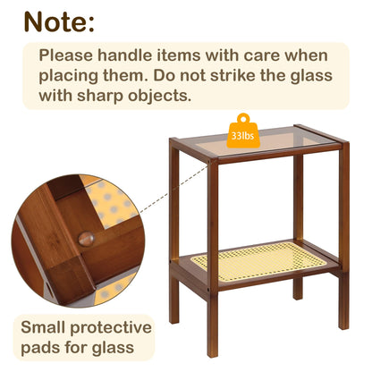 Mordchil HF 2-Tier Bamboo Side Table, Modern Glasstop Rattan Side Table, Mid Century Wood Sofa-Side End Tables for Living Room, Bedroom Night Stand with Storage, Small Narrow Coffee Tables, Walnut