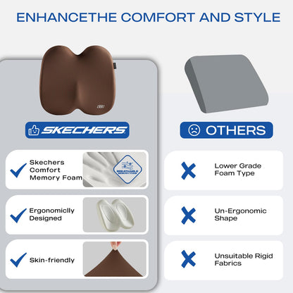 Skechers Seat Cushion, Ergonomic Memory Foam Cushion for Long Sitting Hours on Office & Home Chair, Car Seat Cushion for Sciatica, Coccyx Cushion,Brown