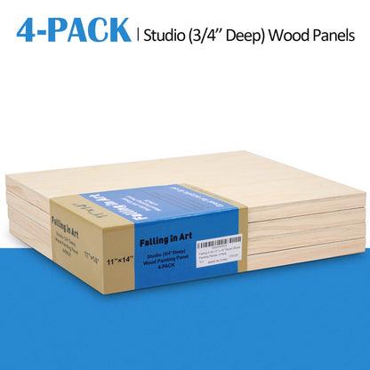 Falling in Art Unfinished Birch Wood Canvas Panels Kit, 4 Pack of 11x14'' Studio 3/4'' Deep Cradle Boards for Pouring Art, Crafts, Painting and More