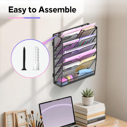 SUPEASY 6 Tier Wall File Organizer with Base, Vertical Hanging File Organizer, Wall Mounted File Holder for Mail, Documents & Folders, Metal Mesh Wall Organizer for Office Home School Classroom, Black