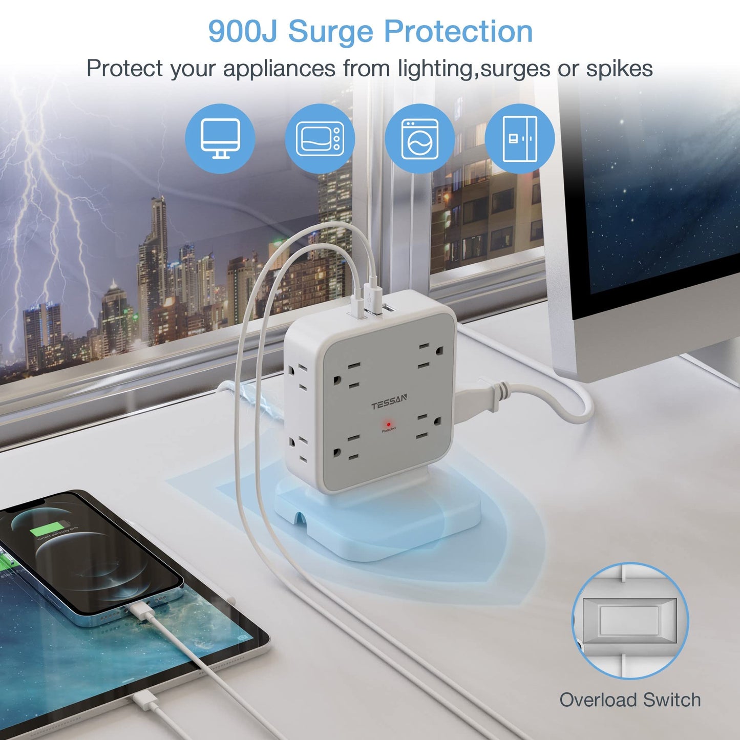 TESSAN Surge Protector Power Strip, 5 Ft Flat Plug Extension Cord with 3 USB (1 USB C) 8 Outlets, 900J Surge Protection, 3 Sided Outlet Extender with Power Switch for Office, Dorm Room Essentials