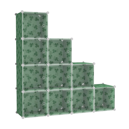 C&AHOME Cube Storage Organizer with Doors, 10-Cube Shelves, DIY Plastic Modular Bookshelf, Closet Clothes Storage Shelving Ideal for Bedroom, Living Room, Clover Embossed, Green
