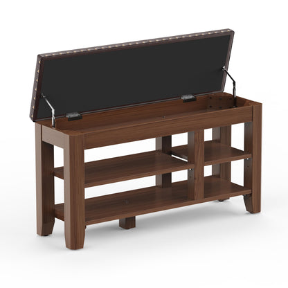 Shoe Bench for Entryway, Solid Rubberwood Shoe Bench with Hidden Storage, Adjustable 2-Tier Shelves & Soft PU Leather Seat, Shoe Rack Durable Easy Assembly for Hallway or Bedroom - Brown, 39.4"