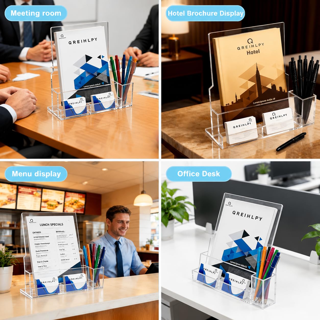 QREIHLPY Acrylic Brochure Holder 2 Pack, 8.5*11inch with Pen Holders & Business Card Slot, Clear Display Stand for Countertop, Suitable for Pamphle, Magazines, Menus, Trifold Booklets