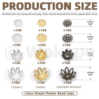 Wokape 2100Pcs 4 Sizes Flower Bead Caps Spacers Assortment Kit for Jewelry Making, Hollow Filigree Beads End Caps Jewelry Findings Accessories