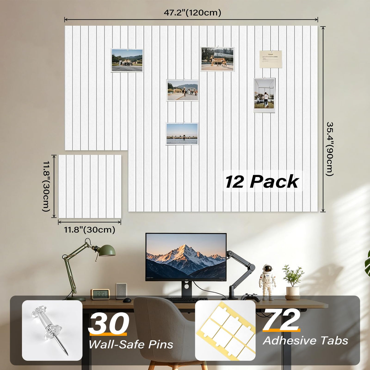 Large Felt Bulletin Board，47.2" x 35.4" 12 Pack Cork Board Alternative for Walls,Felt Wall Tiles for Office & Home Decor,Pin Board with 30 Pcs Pushpins and 72 Adhesive Tabs-Milky White