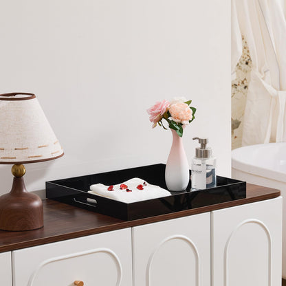 Large Glossy Black Acrylic Serving Tray (18×14Inches) with Cut Out Handles Spill Proof Acrylic Decorative Tray Organiser for Ottoman Coffee Table Countertop