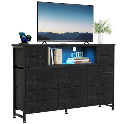 DUMOS TV Stand Dresser with 8 Fabric Drawers and Open Shelves, LED Entertainment Center with Charging Station, Wood Top Media Console for 45-55 inch, Bedroom, Woodgrain Black