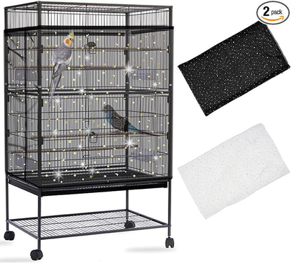 Daoeny 2PCS Bird Cage Seed Catcher, Large Bird Cage Cover, Adjustable Soft Airy Nylon Mesh, Birdcage Cover Skirt Seed Guard for Parrot Parakeet Macaw Round Square Cages (Black & White Sequins Star)