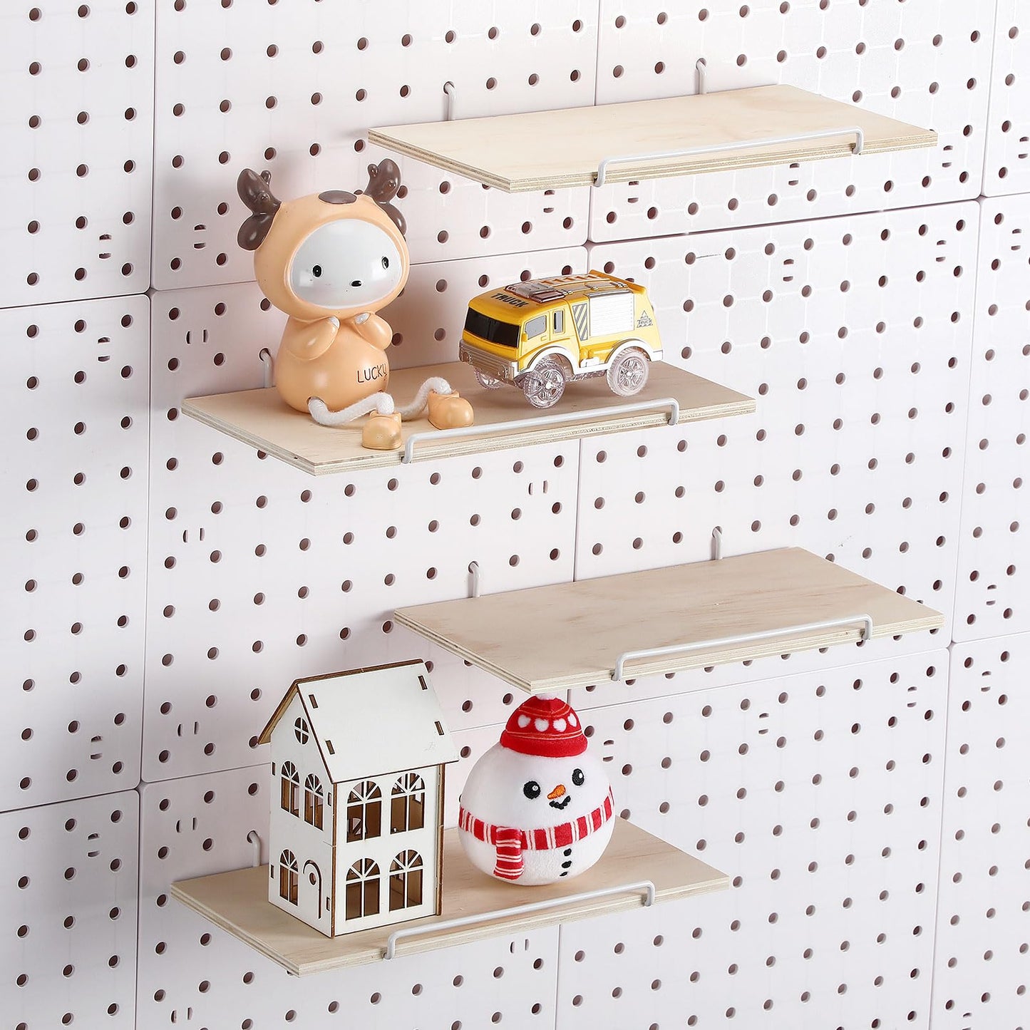 Wonderjune 4 Pcs Wooden Pegboard Shelves with Metal Pegboard Shelf Brackets Peg Board Display Storage Tray Wall Organizer Peg Board Accessories for Craft Room Home Kitchen(Brown,9.84 x 5 Inch)