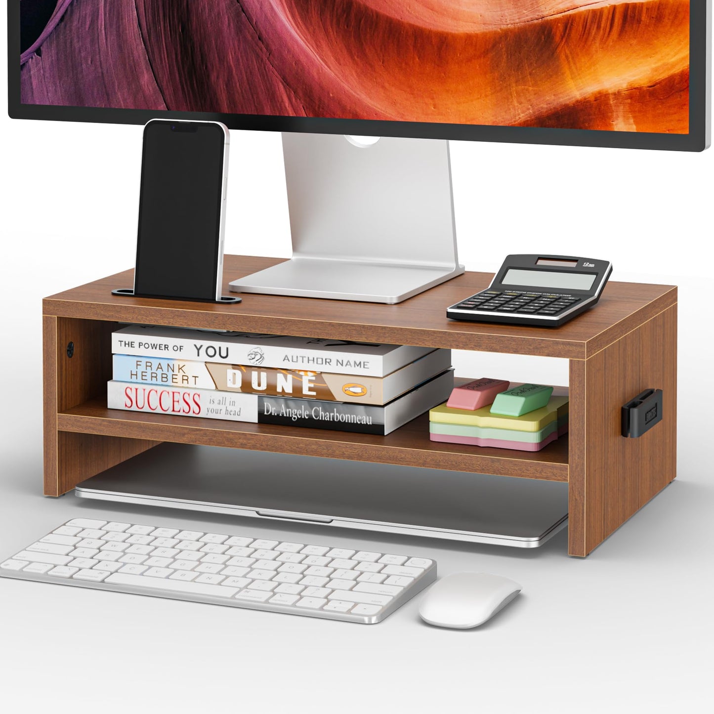 BONTEC Wooden Monitor Stand Riser, 2-Tier Desk Shelf with Storage Organizer, Ergonomic Computer Stand with Cable Management, Cellphone Holder, Walnut, 16.5 Inch
