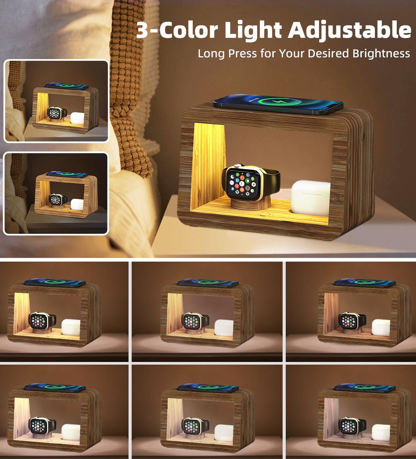 Bamboo Charging Station for Multiple Devices,15W Fast Wireless Charging Station with Nightlight, 3 Color & 4 Adjustable Brightness Compatible with Phone/Watch/AirPods