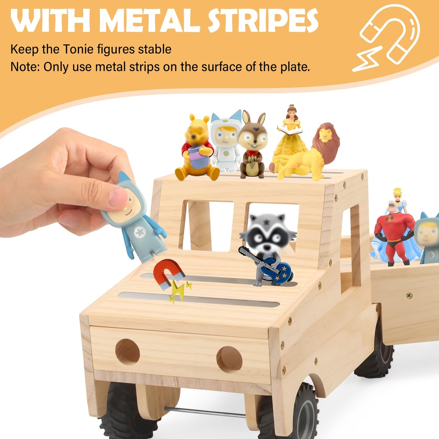 Taladad Storage & Play Car for Toniebox 2/1 and Tonie Figures Storage Shelf (Wooden Trailer), Magnetic Shelves Compatible with Tonie Box Player Character for Children Room (Natural, Wooden Trailer)