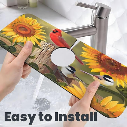 Sunflowers and songbirds Kitchen sink faucet pad, strong water absorption