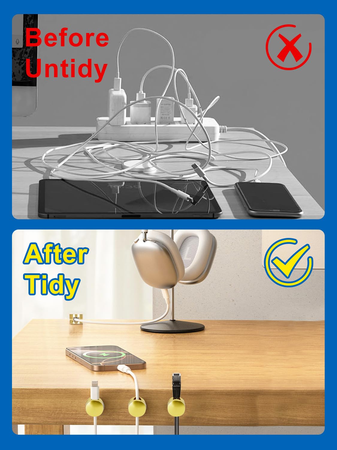 Kofuyni 3 Pack Upgraded Cord Management Clips with Extra-Large Adhesive Base, Stronger Hold Phone Charger Holder for Nightstand, Premium Aluminum Gold Sticky USB Wire Organizer Cable Clips for Desk