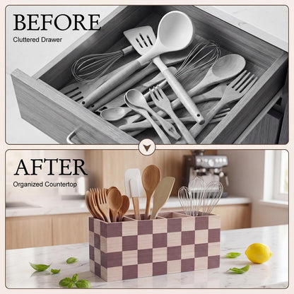 RoRofunny Extra Large Checkerboard Wooden Utensil Holder with 4 Compartments, 15.7" Long Farmhouse Kitchen Organizer, Rustic Cooking Tools Caddy for Countertop Spatulas Spoons Whisks